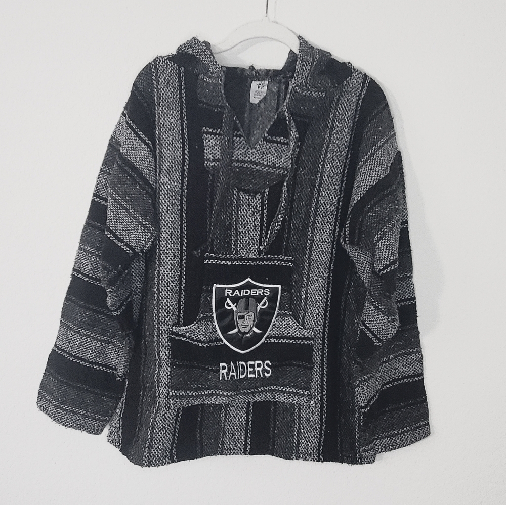 Raiders Football Black Gray Baja Poncho Cozy Fleece Lined Hoodie Sweater M